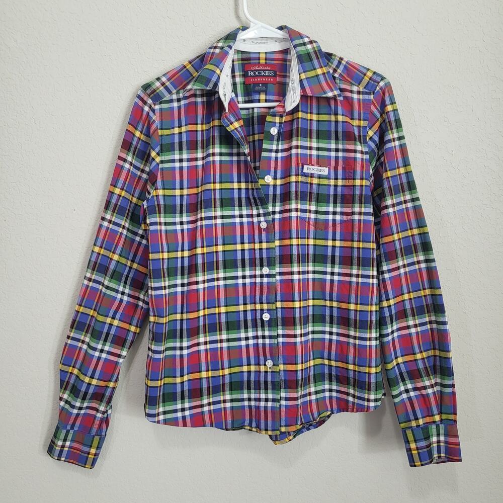Rockies Plaid Shirt Womens Small Long Sleeve Casual Fall Cotton Colorful